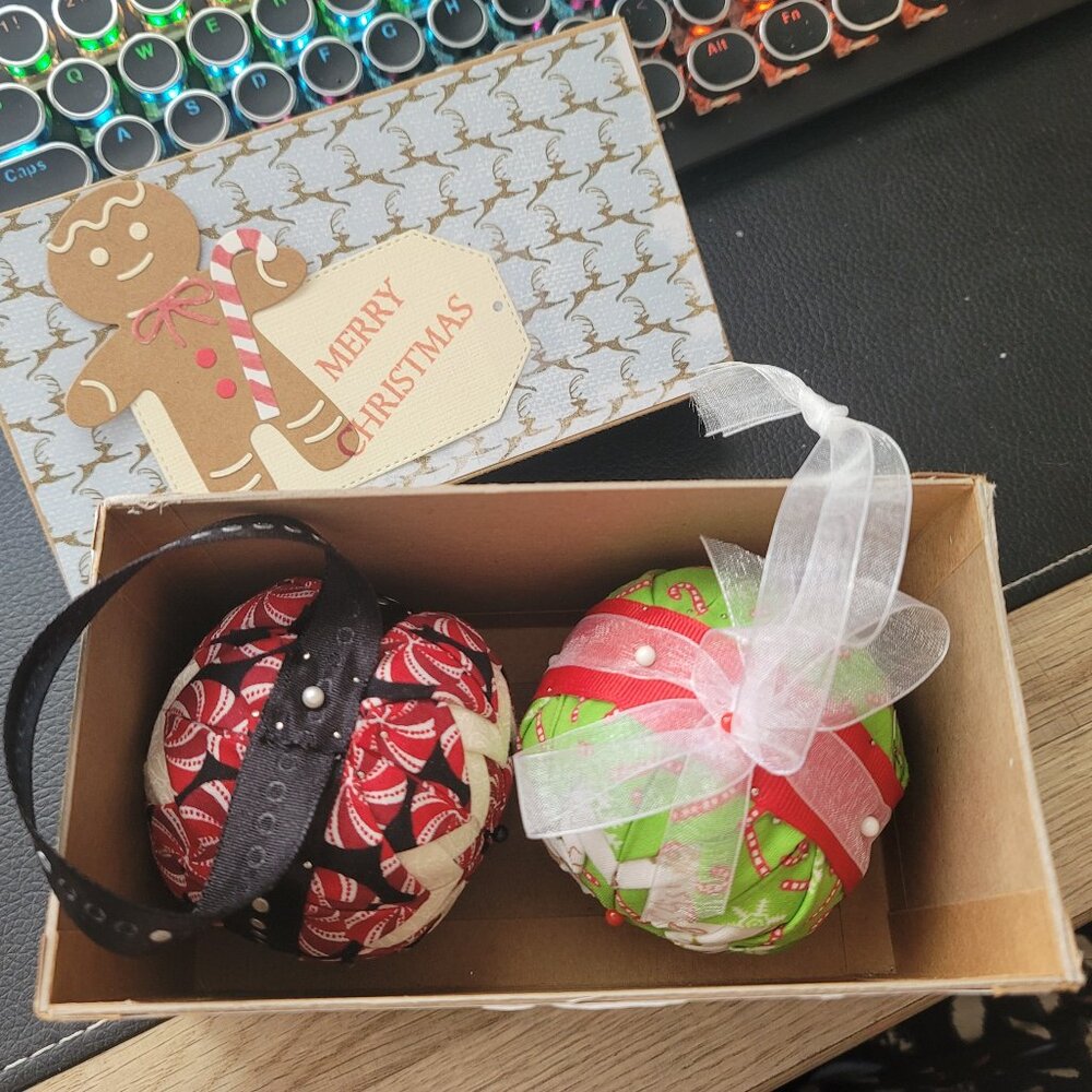 **Hand Made** Unique Quilted Ornament Balls with Box Set